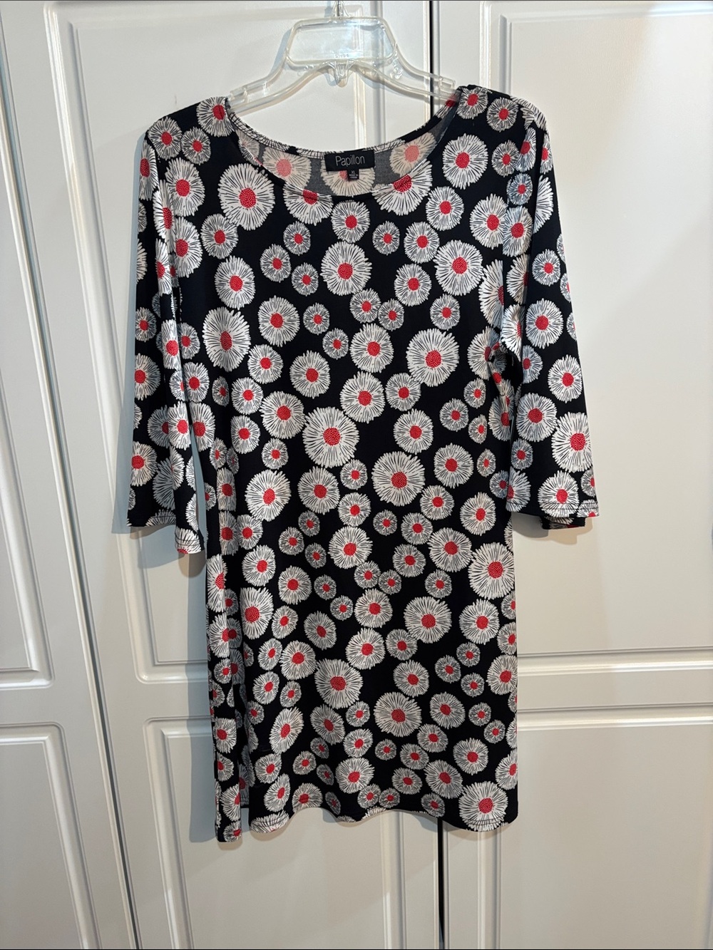 Papillon Blanc Black Floral Midi Dress with Red Accents